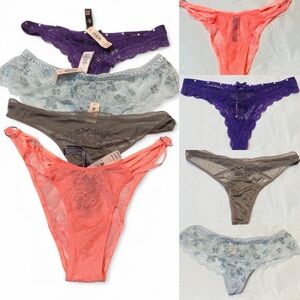 Victoria’s Secret Lace Thong Set - Purple, Coral, Gray set of 4 New with tags SM